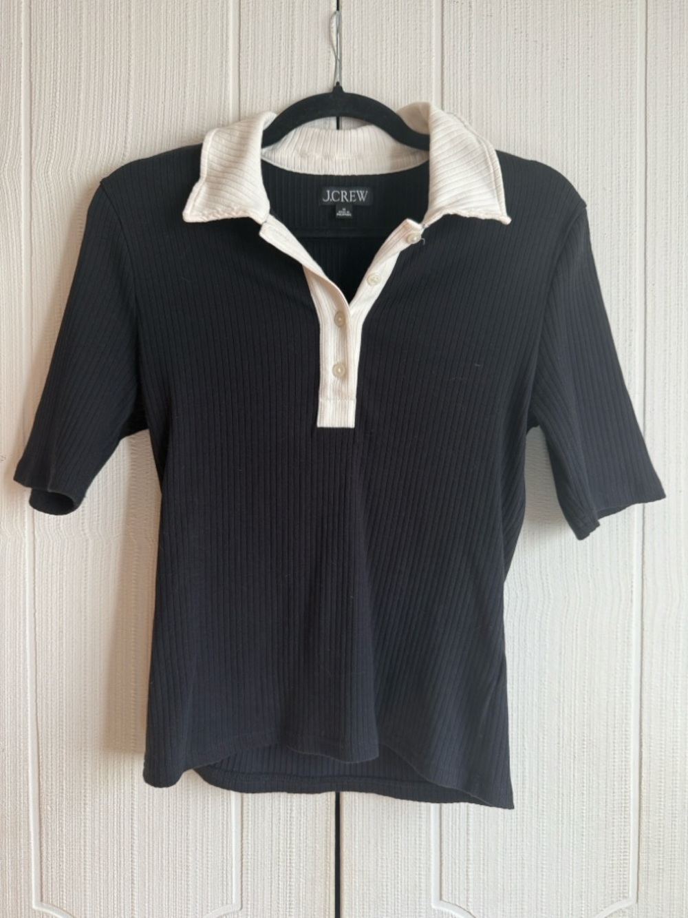 J. Crew Black Short-Sleeve Ribbed Polo with Cream Contrast Collar